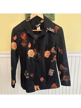 Vintage Shady Lane Floral Polyester Blouse Black Union-Made Long Sleeve USA